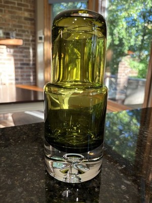 Bedside Carafe 2pc Krosno Poland Tumble Up Olive Green Blown Glass Bubble Base