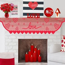 Valentine Mantle Cover for Fireplace – Red Lace Love Heart Mantel Garland Cov...
