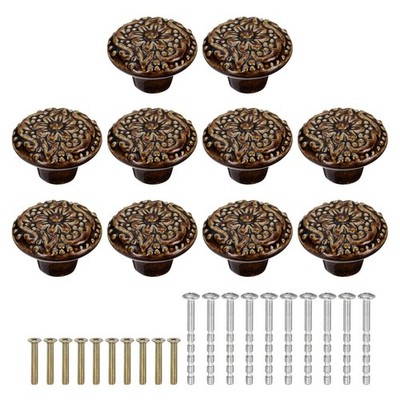 10Pcs 34mm Flower Pattern Ceramic Knobs with Screws Brown