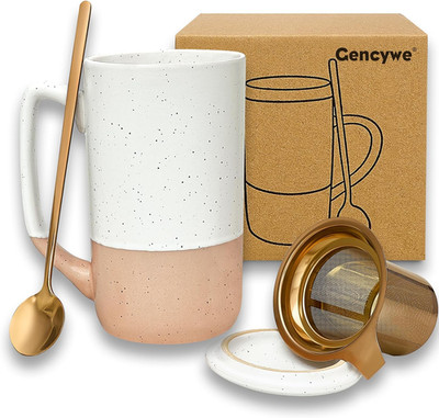 Ceramics Large Tea Cup with Loose Leaf Infuser, Spoon and Lid, 16 Oz Tall Coffee