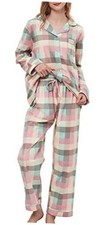 Women Flannel Pajamas Set Brushed Cotton Button Tops Pants Medium Green Plaid
