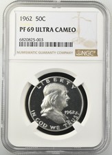 1962 Franklin Half Dollar Proof NGC PF 69 ULTRA CAMEO PR69DCAM Frosty RARE!