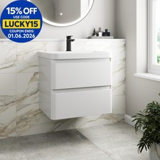 Bathroom Wall Hung Vanity Unit Wash Basin Base Cabinet Two Drawers Storage White