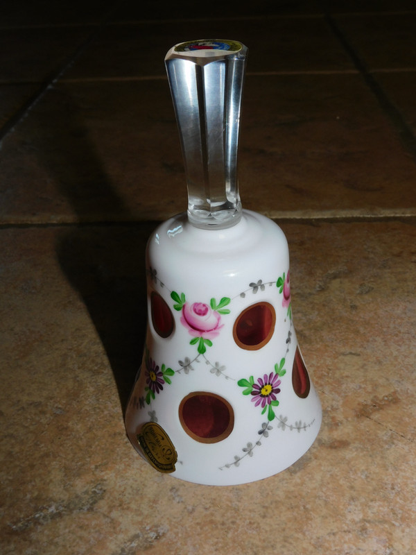 VINTAGE BOHEMIA CZECH CRYSTAL CUT TO RED CASED BELL W / STICKER