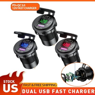 12V QC3.0 Dual USB Car Fast Charger Socket LED Voltmeter Waterproof Power Outlet