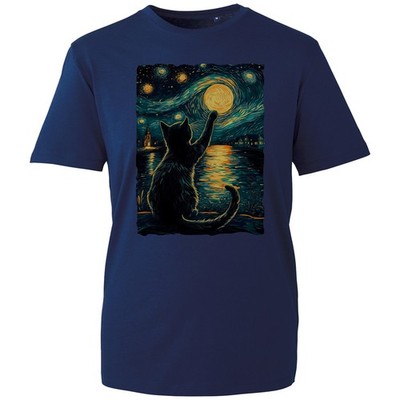 Sternennacht schwarze Katze T-Shirt, Kunst Grafik gedruckt Katzenliebhaber Mama Papa Geschenk Tee
