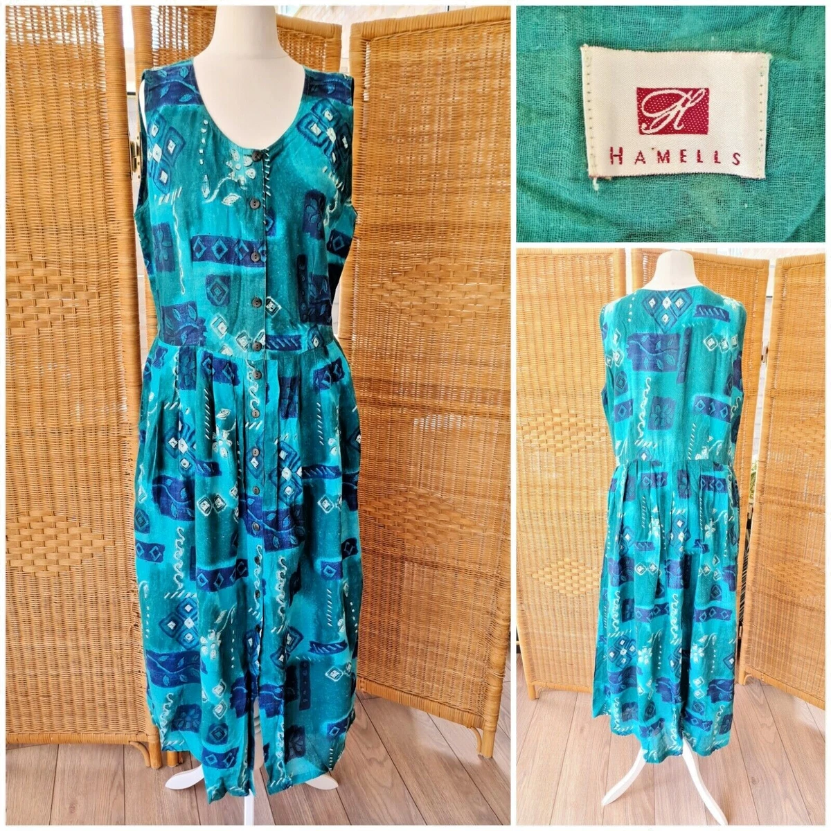 Vintage 80s Green Prairie Dress Sleeveless Button Down Peasant Boho Hamells  16 | eBay