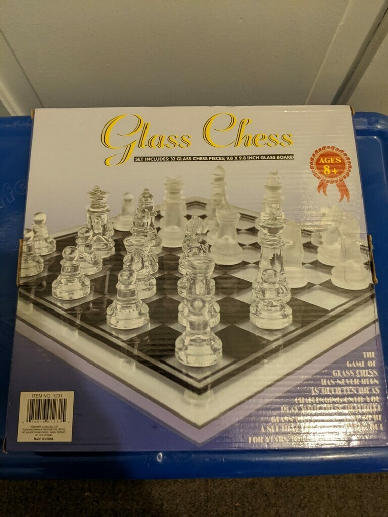 New Master Class Large 9.5" x 9.5" Etched Glass Chess Set with Pieces and Board