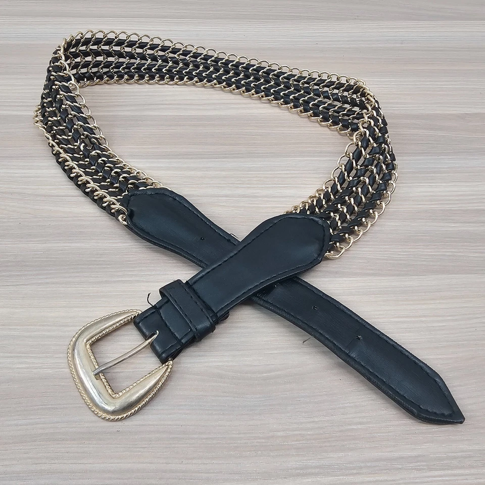 Cinto de tecido vintage dourado feminino pequeno preto anos 90 rocker punk couro falso - Imagem 2 de 4