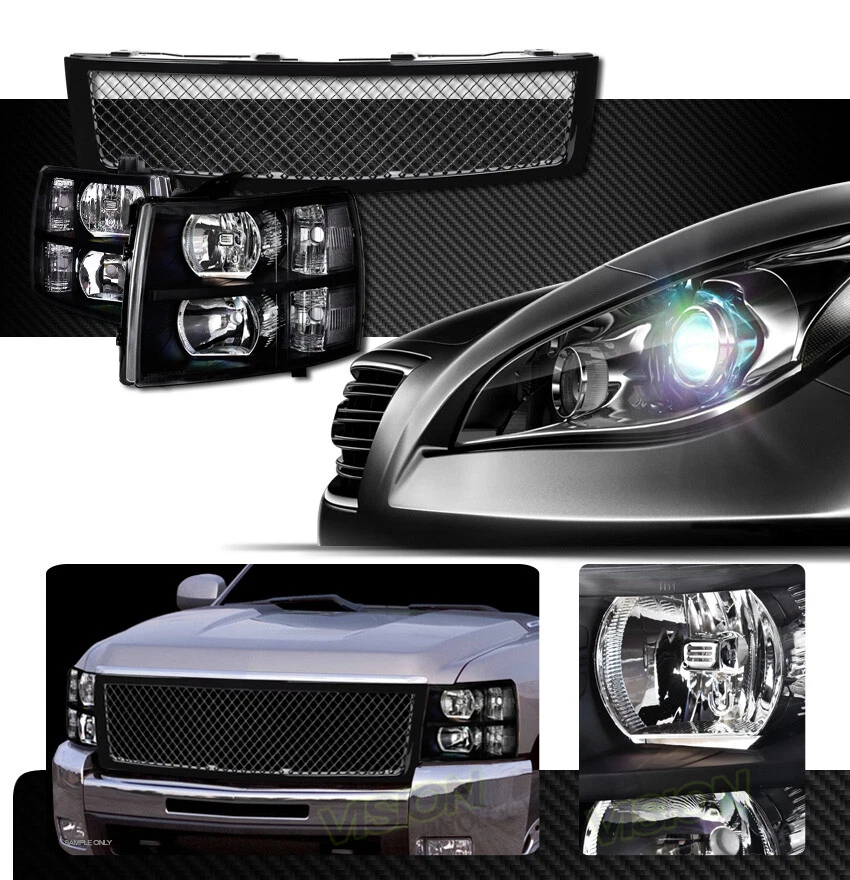 For 07-13 Silverado 1500 Blk Headlights Parking Lamps Nb+Glossy Mesh Front Grill - Image 2 of 4