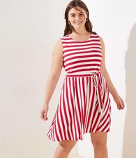 LOFT Plus Striped Tie Waist Flare Dress - Size 16 Plus - Red White Stripe
