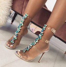 Womens New Fashion Summer Peep Toe Diamante Ankle Strap Sandals Party High Heels