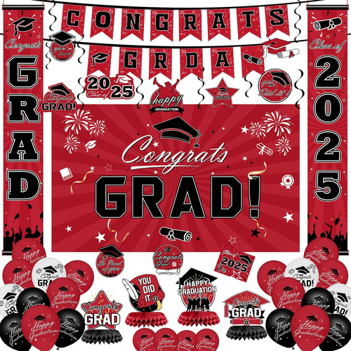 Graduation Decorations 2025 Set - Red Themed Congrats Grad Banner, Backdrop, Han