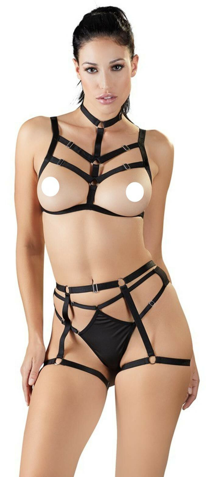 Completo intimo donna Bondage reggiseno perizoma nero sexy lingerie Harness BDSM
