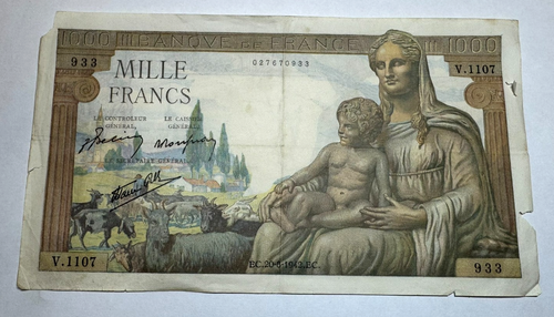 1942 France 1000 Francs, Goddess Demeter, Hercules as a child, Statue of Mercury