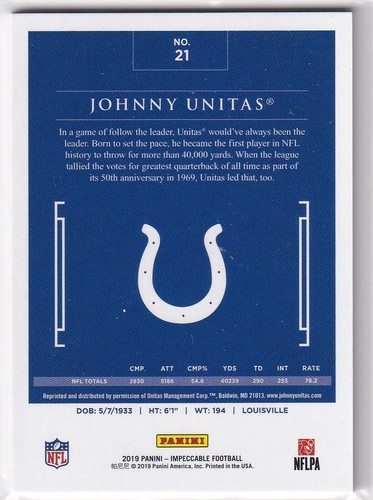 2019 Panini Impeccable - #21 Johnny Unitas /75 - Bild 2 von 2
