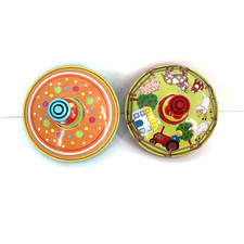 2 Tin Toy Spinning Tops Farm Scene Geometric 5" LBZ Lorenz Bolz Zirndorf READ