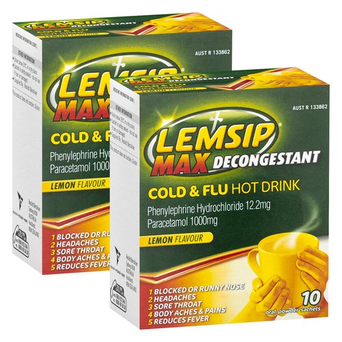 2 x Lemsip Max Decongestant Cold & Flu Fever Relief Lemon Powder Hot Drink 10 Pk - Picture 3 of 12