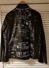 Mango Womens Faux Leather Biker Jacket With Graffiti/ Doodle On Back.