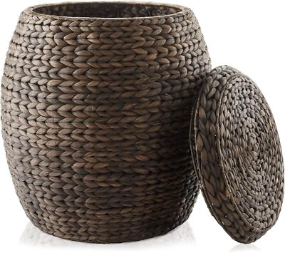 Round Storage Basket with Lid - Coffee, Hand-Woven Hyacinth Organiser