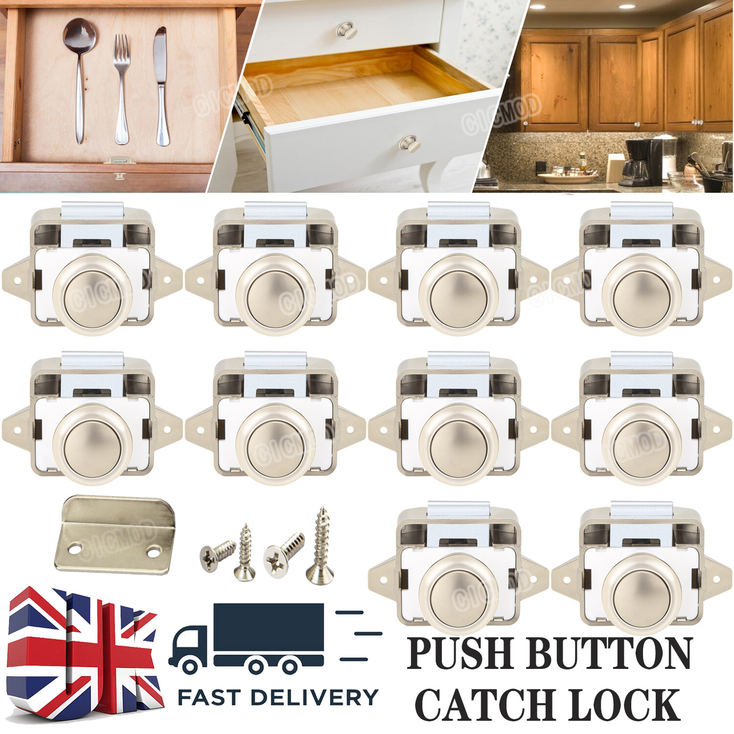 10x Push Button Catch Lock Latch Knob Drawer Cupboard Door Cabinet Camper Lock