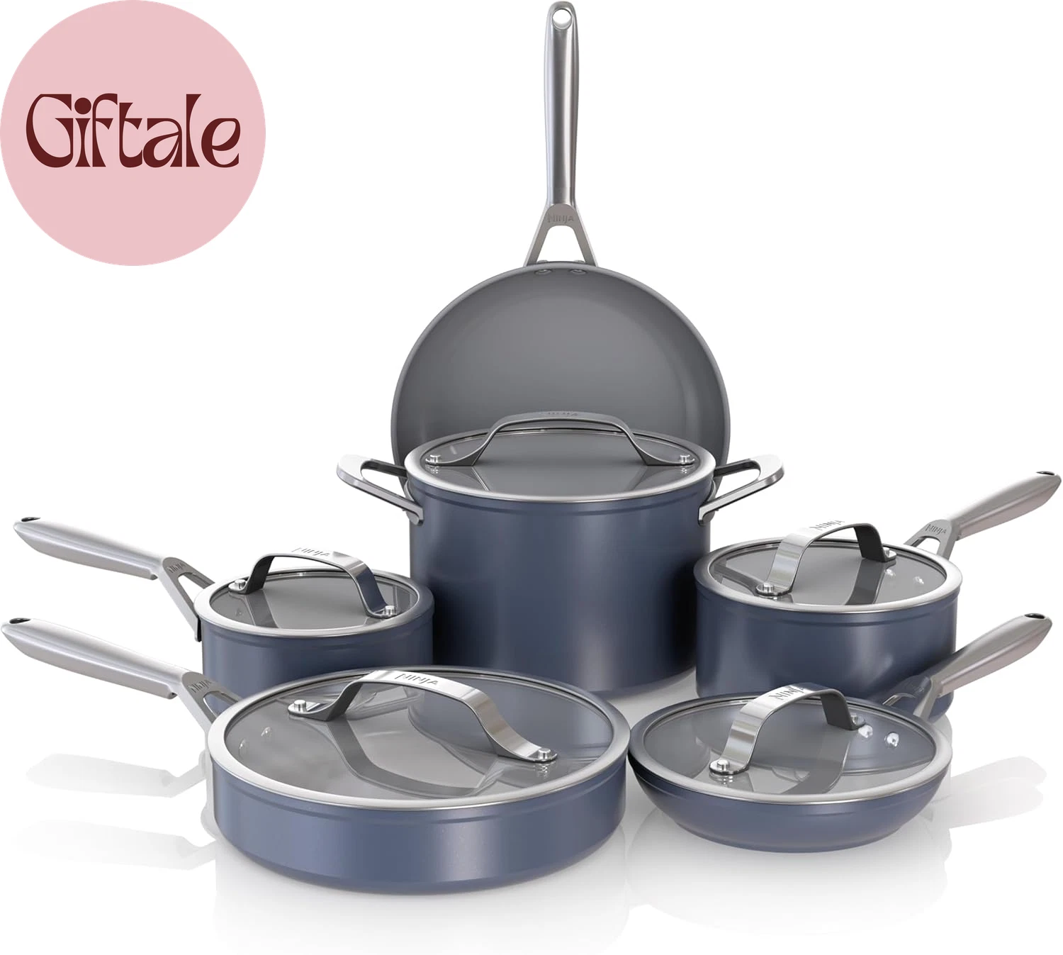 Ceramic Pro 11-Piece Cookware Set, Non-Stick Pots & Pans Set with Glass Lids, No