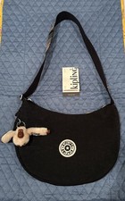 Kipling Black Crescent Shoulder Bag w/ Monkey Charm, Striped Strap