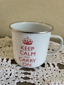Wild and Wolf Keep Calm and Carry On Mug Red & White Tin 11 oz