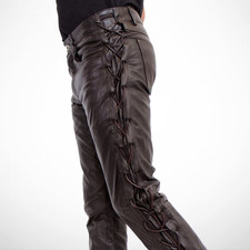 Men  s Brown Lace-Up Leather Pants - Slim Fit Biker Motorcycle Pant, High wist