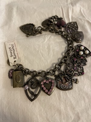 Vintage  Sweet Romance  Love Hearts Charm Bracelet with  T  Toggle Closure NEW