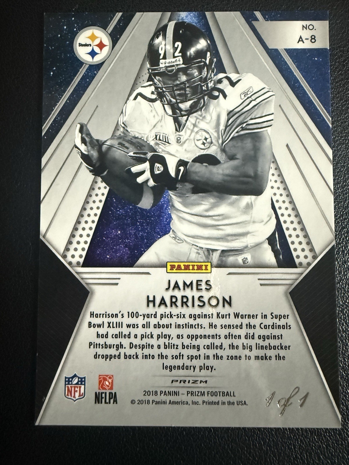 James Harrison 2018 Prizm Black Finite 1/1 No. A-8 Steelers One Of One view 2