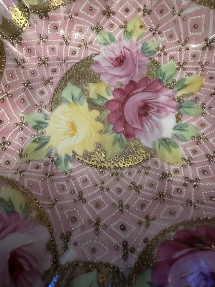 "Tazón rosa ornamentado nipón siglo XIX sin marca raro 10"" diámetro con cuentas dorado" Foto 3 de 4