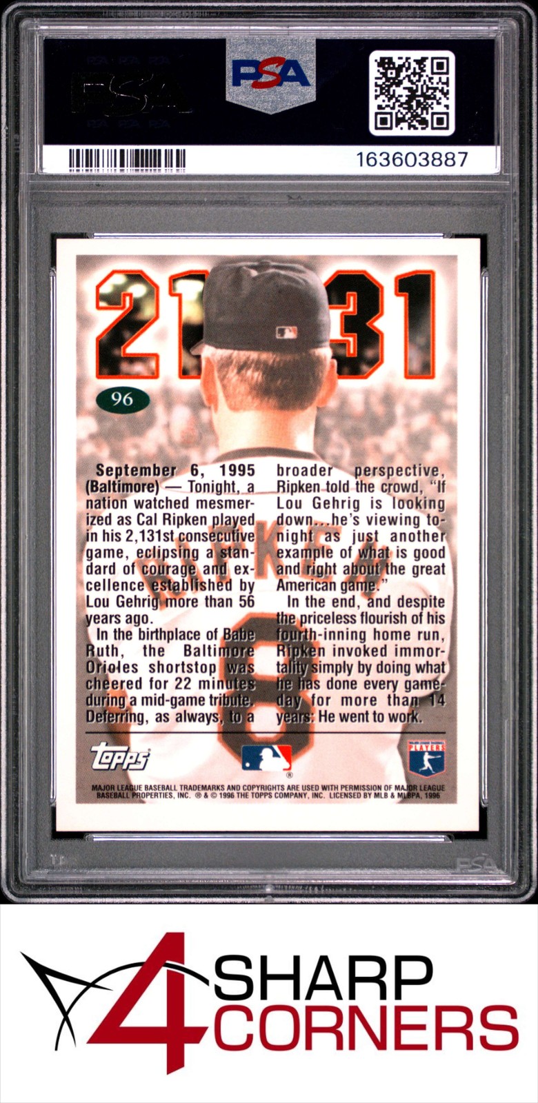 1996 TOPPS #96 CAL RIPKEN JR. ORIOLES HOF TRIBUTE CARD PSA 10 view 2