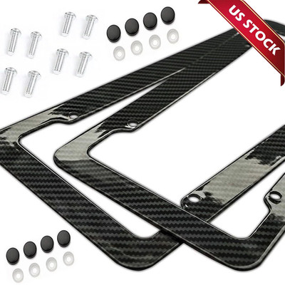 Carbon Effect 2PCS Universal Front/Rear License Plate Frame Tag Cover Screw Caps