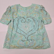 Vintage Laurence Kazar New York Beaded Sequin Heart Blouse Top 100 Silk Aqua