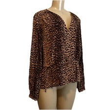 H M Women 14 Cheetah Leopard Print Blouse Buttons Front Long Sleeves