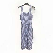 Beach Lunch Lounge Blue White Stripe Sleeveless Linen Cotton Cropped Jumpsuit S