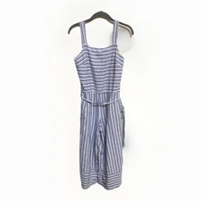 Beach Lunch Lounge Blue White Stripe Sleeveless Linen Cotton Cropped Jumpsuit S