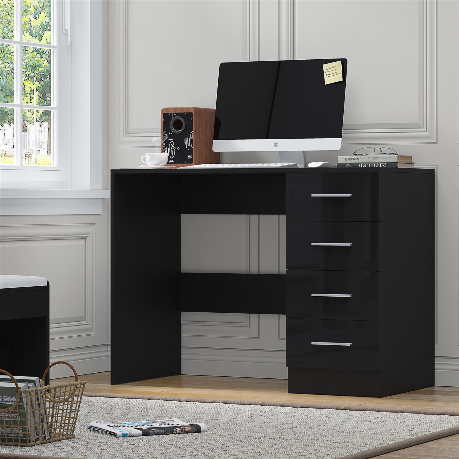 REFLECT 4 Drawer Desk - Black Gloss Fronts & Black Oak Matt Carcass