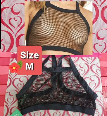 M Sexy Honeydew Intimates Fishnet Bra Bralette Black Net Yoga Lounge Sleep NWT 