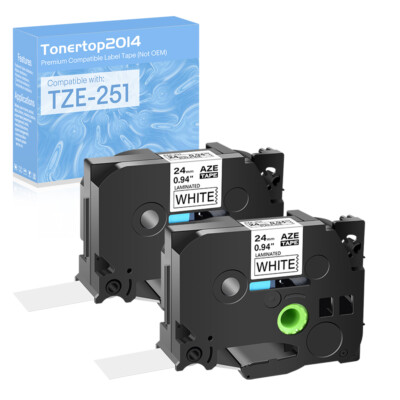 2PK TZ251 Black on White 24mm Label Tape Compatible for Brother PT1400 TZe251