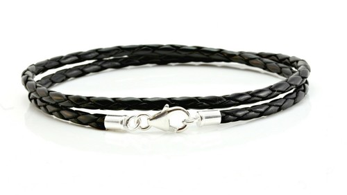 Mens/Ladies Leather Bracelet-Sterling Silver Clasp-Double Wrap-3mm Braided Black - Picture 4 of 5