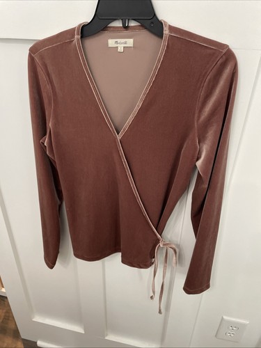 Damen Madewell Velours Ballett Wickel Top - mittelbraun - Langarm - V-Ausschnitt - Bild 1 von 6
