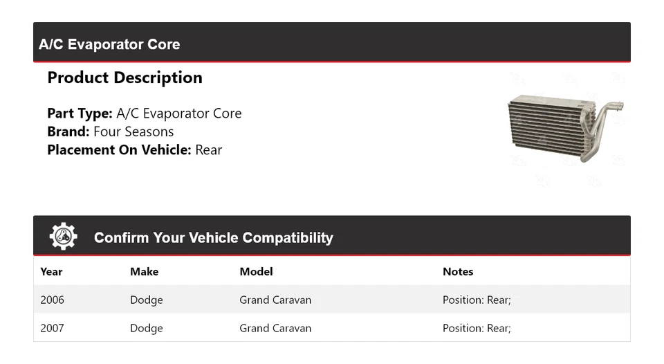 Para Dodge Grand Caravan 2006-2007 A/C Evaporador Núcleo Trasero 4 Temporadas Foto 2 de 4