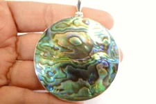 Mother of Pearl Green Abalone  Double Sided Disc 925 Sterling Silver Pendant