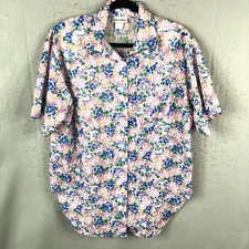 Vintage Laura Mae Top Womens 12 Purple Blue Floral Bright Violets Retro 80s