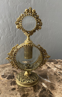 Vintage Gold ORMOLU Filigree Large PERFUME BOTTLE Cupid Hollywood Regency  Glass