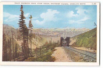 Postcard Train Emerging from Snow Sheds Southern Pacific Overland Route Sierras