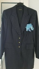 Escada 16/42 - Tailored Navy Long Jacket Pale Blue Pinstripes - New Without Tags