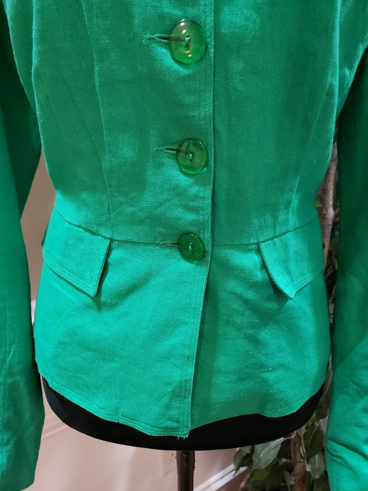 Chadwicks 女式绿色纯色亚麻长袖纽扣前外套夹克 10 码 — 第 3/4 张图片